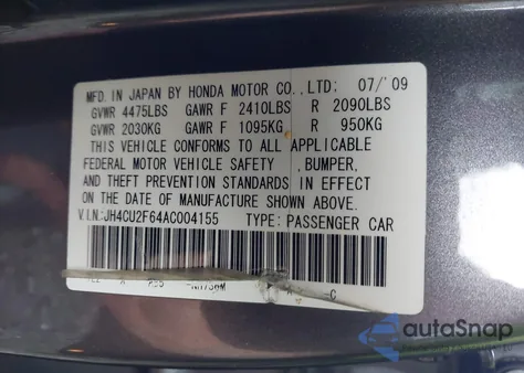 2010 Acura Tsx 2.4 из США, поврежденный, VIN JH4CU2F64AC004155